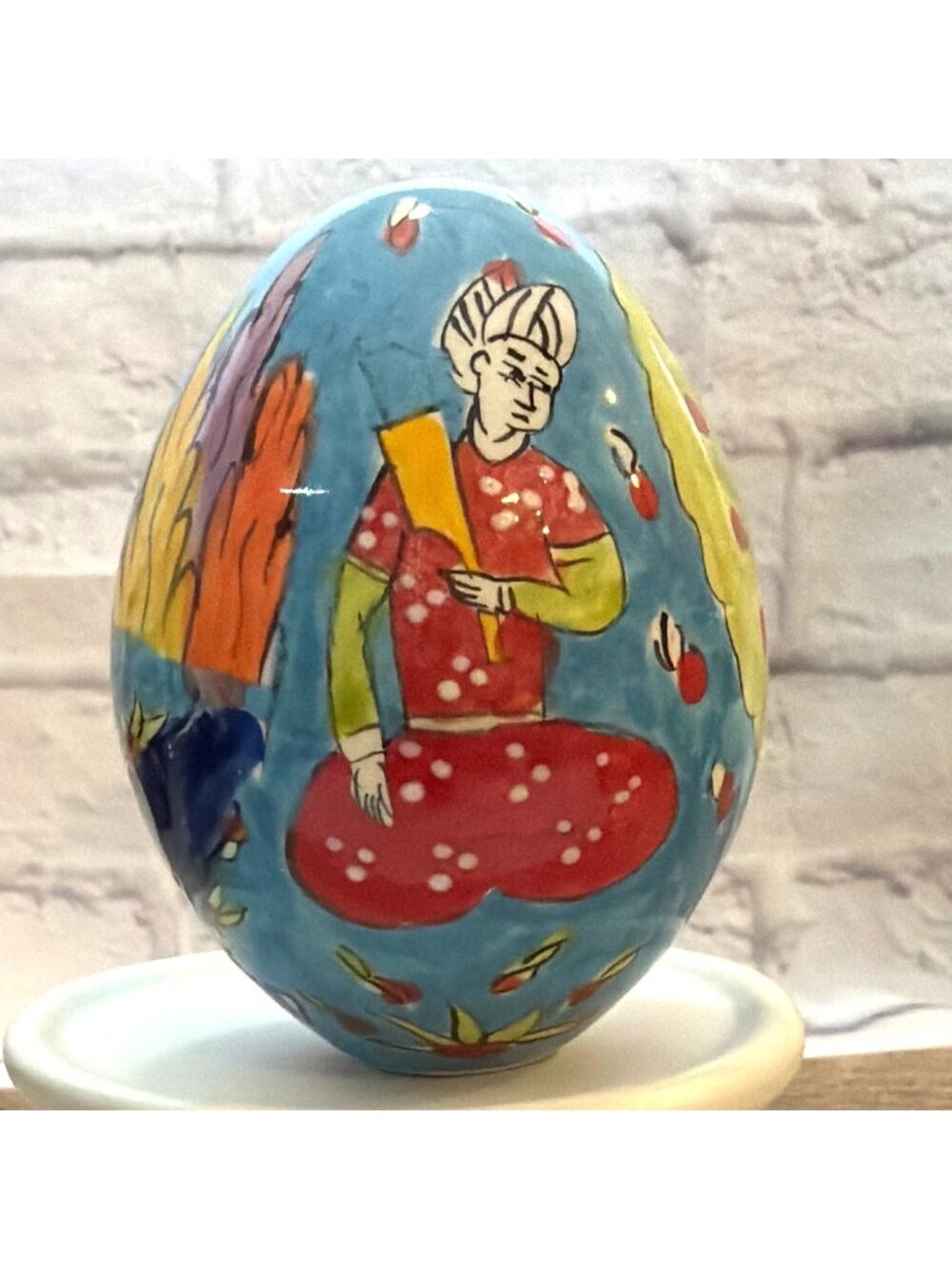 Blue Ceramic Egg Hand Painted Grand Bazaar Turkey Istanbul Folk Art Pottery VTG - Picture 1 of 13